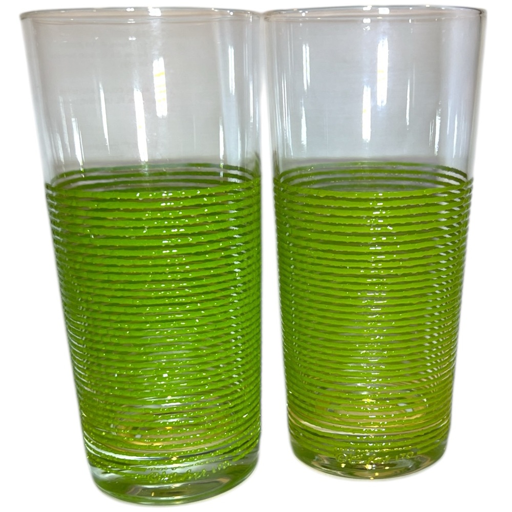 CULVER LTD  Icicle Ring Pattern Green Tall Glasses Set of 2 Vintage - Picture 5 of 6